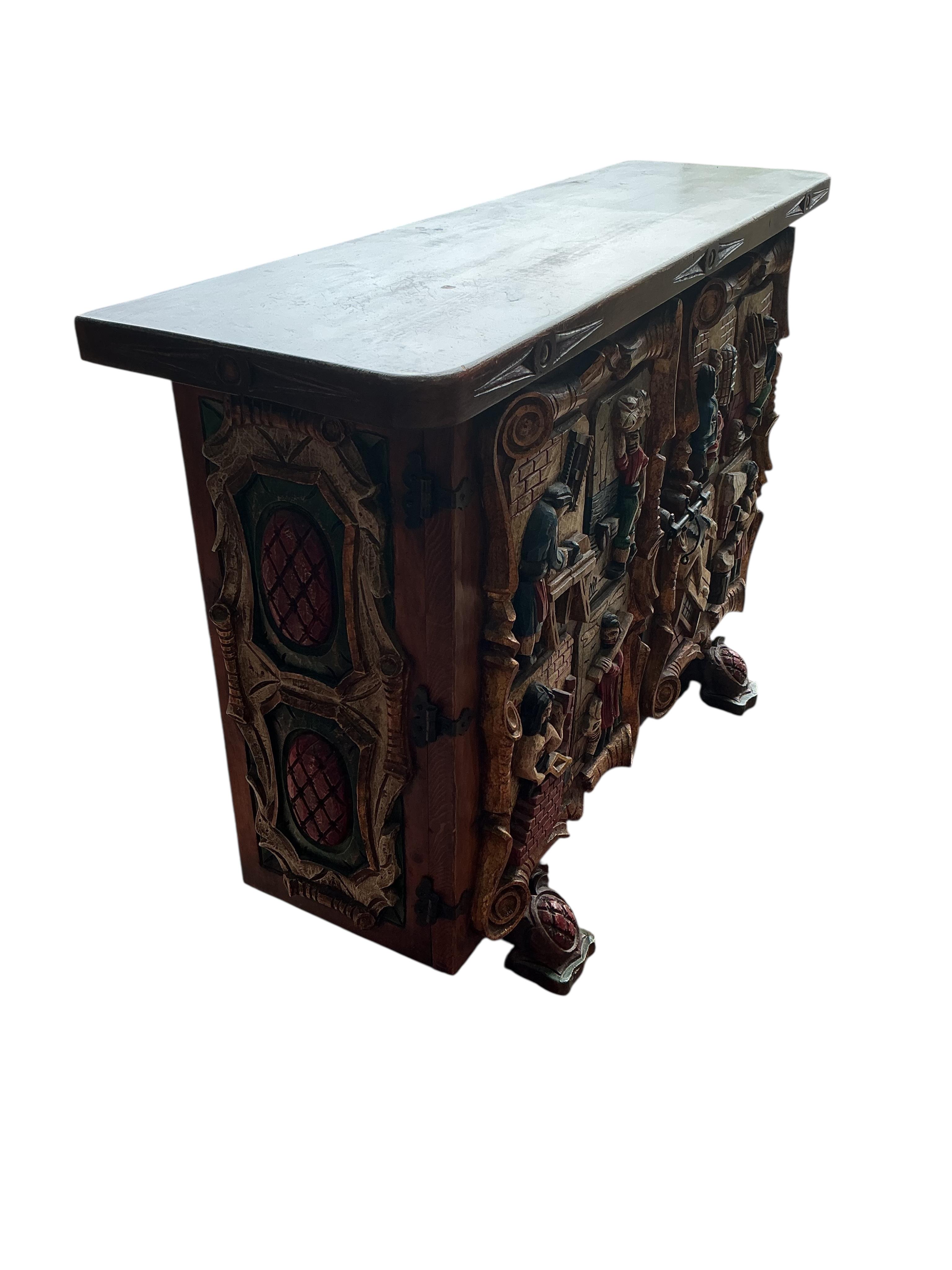 An Italian carved painted pine side cabinet, width 119cm, depth 34cm, height 79cm